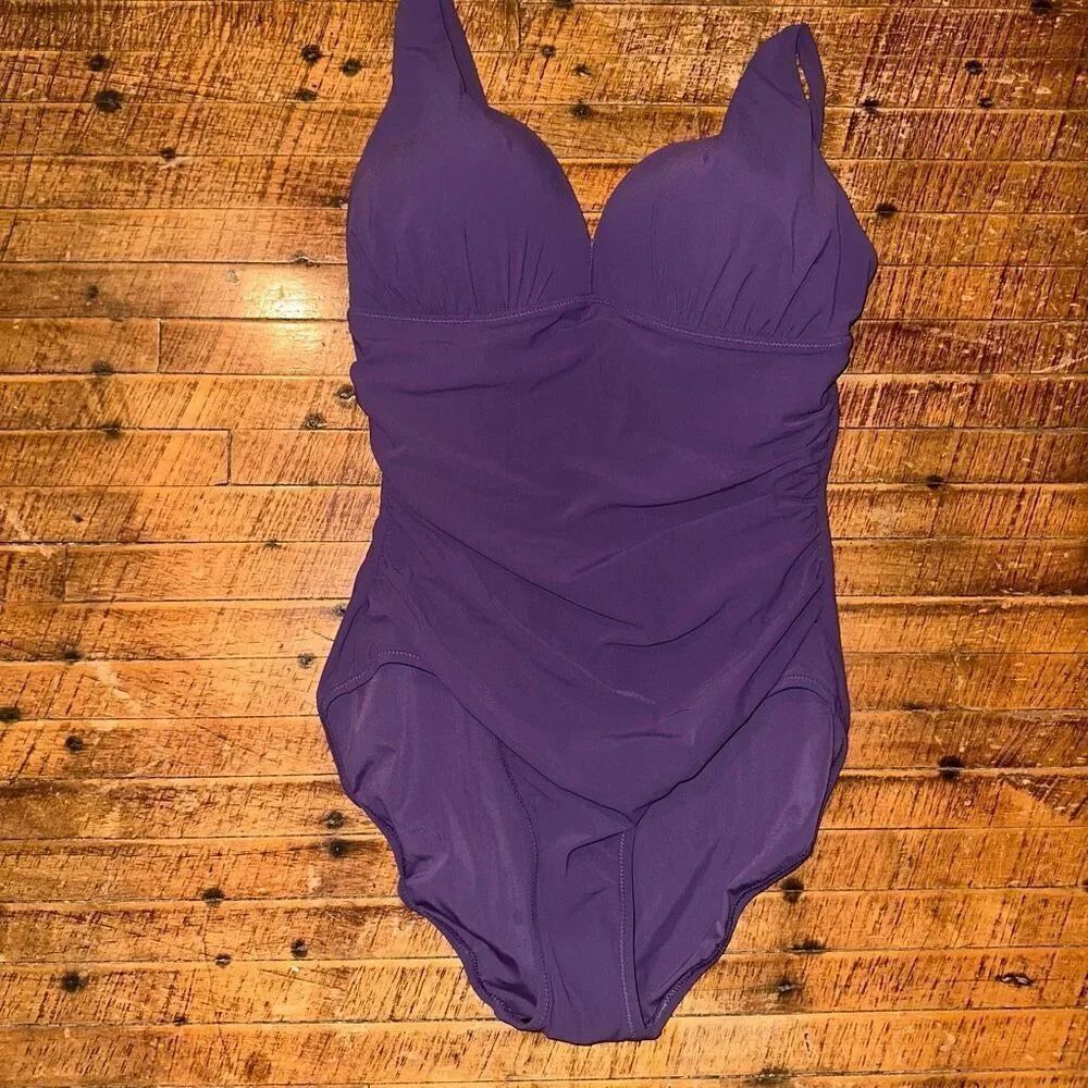 Lands End plum purple ruched 12 modest one piece swimsuit